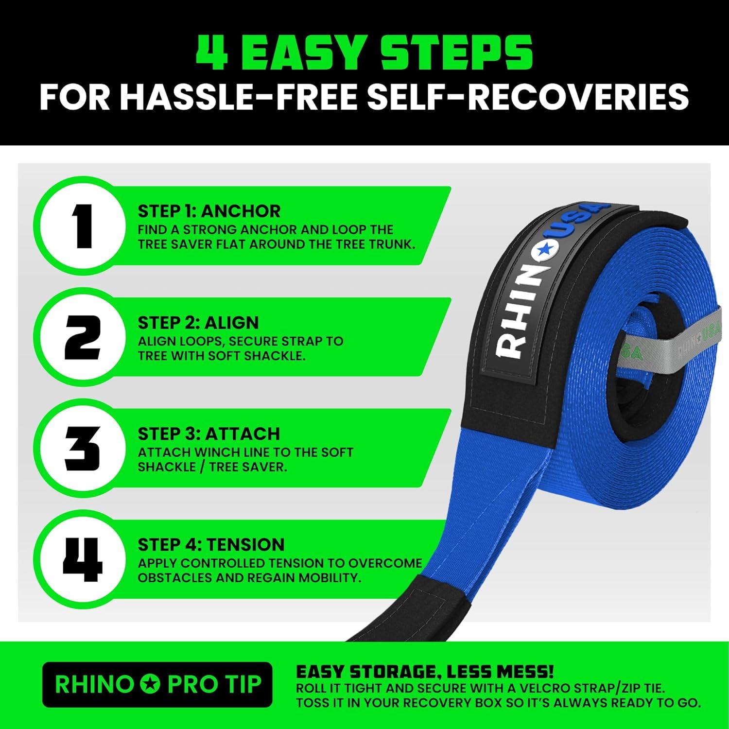 imageRhino USA Tree Saver Tow Strap 3quot x 8  31518lb Break Strength  Emergency Recovery Strap Winch Extension for Truck UTV ATV ampamp More  Heavy Duty Straps Compatible with Jeep Ford Toyota BlackBlue