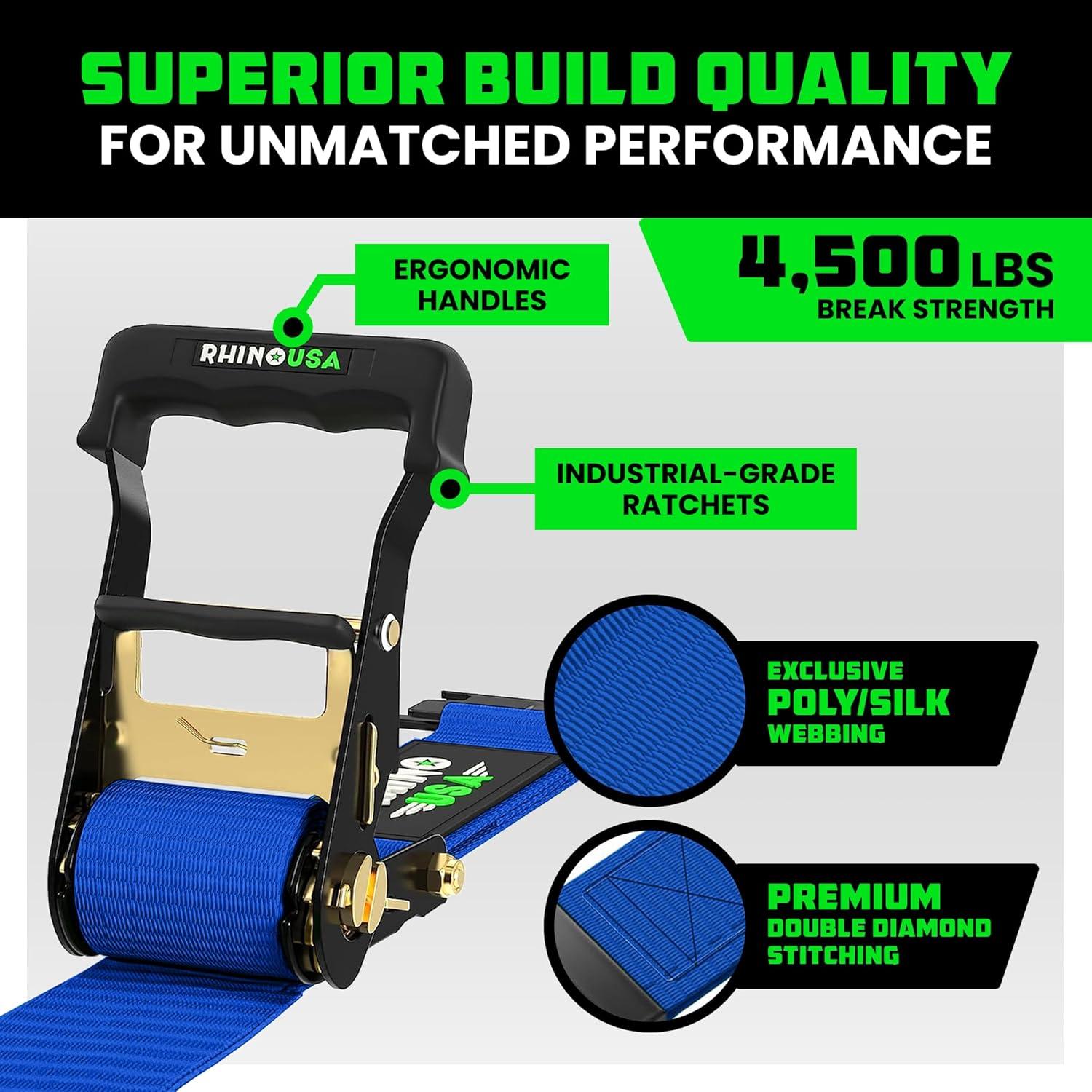 imageRhino USA Wheel Chock Tie Down Kit 4500lb Break Strength 2 Heavy Duty Trailer Tire Ratchet Straps 4 Wheel Chocks  E Track System for ATV UTV Lawn Mower Four Wheeler  GreenBlue