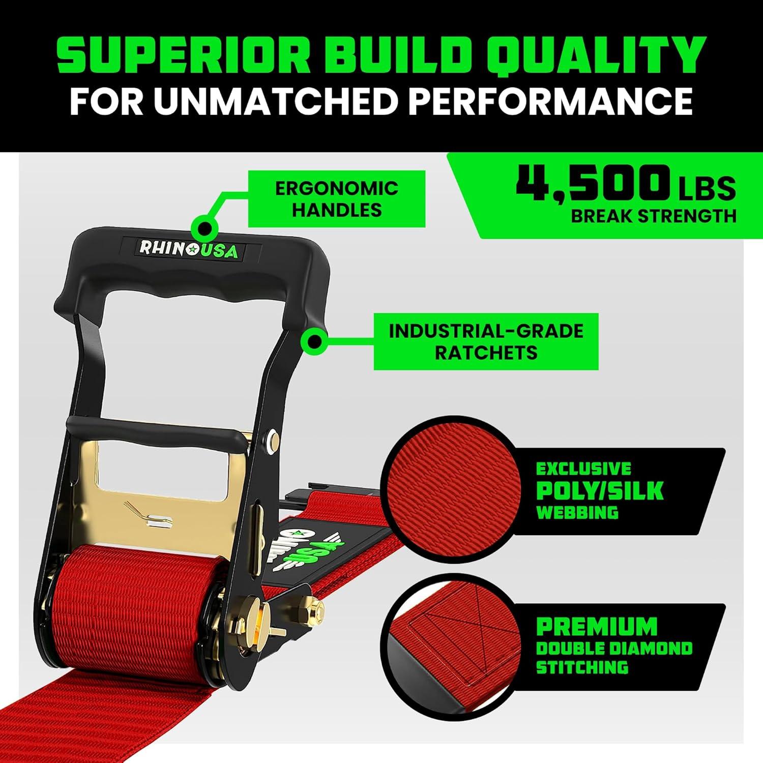 imageRhino USA Wheel Chock Tie Down Kit 4500lb Break Strength 2 Heavy Duty Trailer Tire Ratchet Straps 4 Wheel Chocks  E Track System for ATV UTV Lawn Mower Four Wheeler  GreenRed