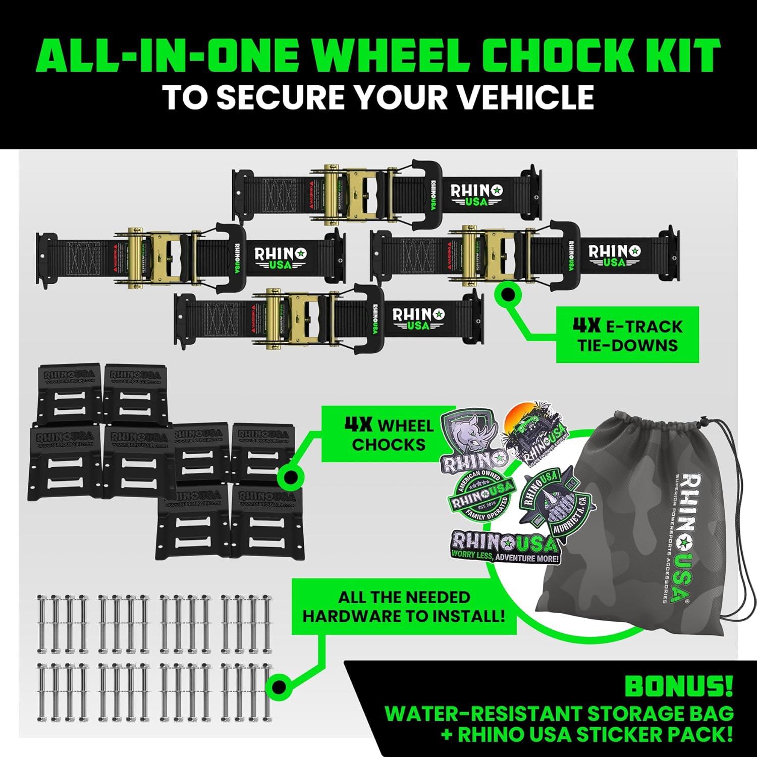 imageRhino USA Wheel Chock Tie Down Kit 4500lb Break Strength 2 Heavy Duty Trailer Tire Ratchet Straps 4 Wheel Chocks  E Track System for ATV UTV Lawn Mower Four Wheeler  GreenBlack