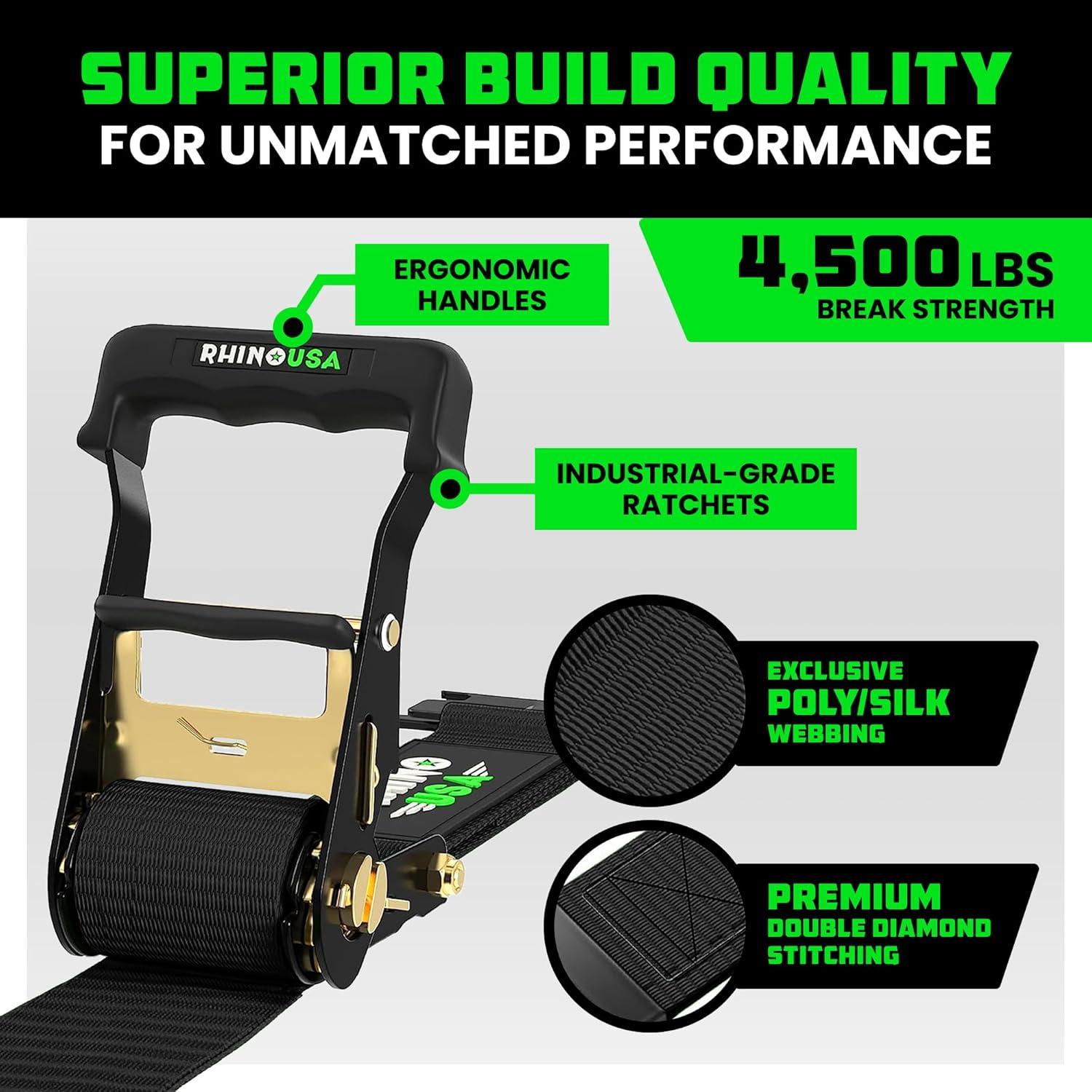 imageRhino USA Wheel Chock Tie Down Kit 4500lb Break Strength 2 Heavy Duty Trailer Tire Ratchet Straps 4 Wheel Chocks  E Track System for ATV UTV Lawn Mower Four Wheeler  GreenBlack