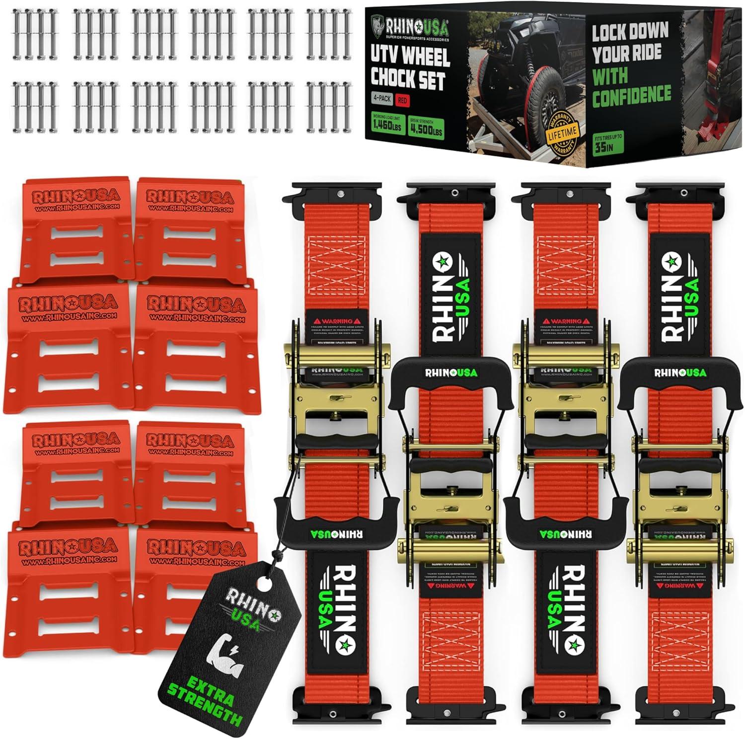 imageRhino USA Wheel Chock Tie Down Kit 4500lb Break Strength 2 Heavy Duty Trailer Tire Ratchet Straps 4 Wheel Chocks  E Track System for ATV UTV Lawn Mower Four Wheeler  GreenRed