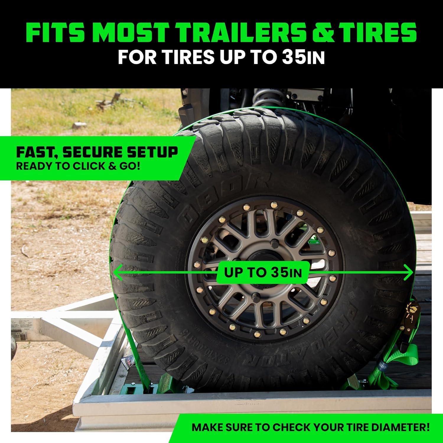 imageRhino USA Wheel Chock Tie Down Kit 4500lb Break Strength 2 Heavy Duty Trailer Tire Ratchet Straps 4 Wheel Chocks  E Track System for ATV UTV Lawn Mower Four Wheeler  GreenGreen