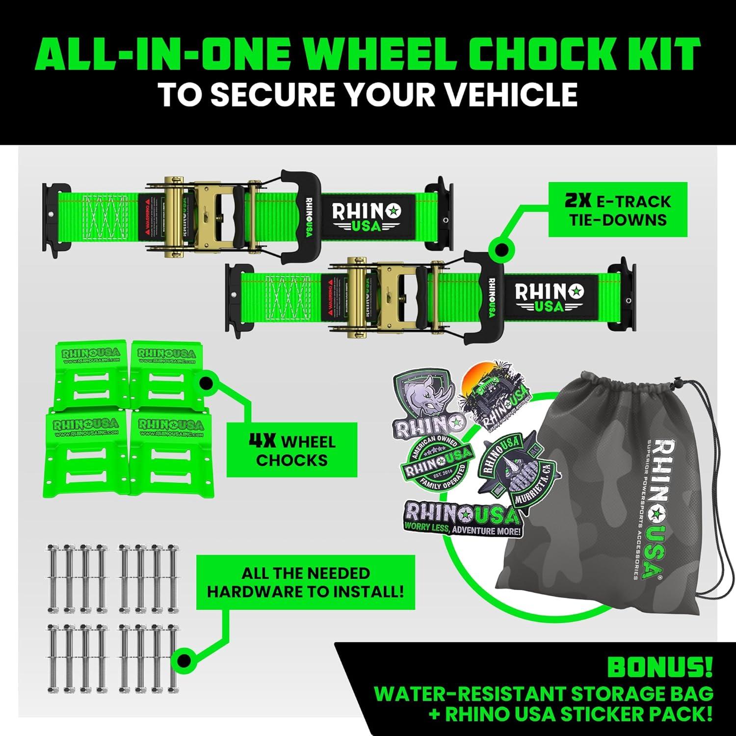 imageRhino USA Wheel Chock Tie Down Kit 4500lb Break Strength 2 Heavy Duty Trailer Tire Ratchet Straps 4 Wheel Chocks  E Track System for ATV UTV Lawn Mower Four Wheeler  GreenGreen