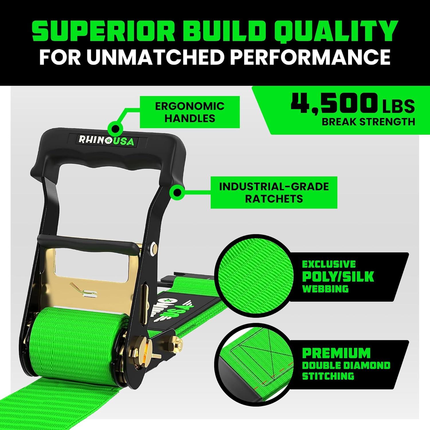 imageRhino USA Wheel Chock Tie Down Kit 4500lb Break Strength 2 Heavy Duty Trailer Tire Ratchet Straps 4 Wheel Chocks  E Track System for ATV UTV Lawn Mower Four Wheeler  GreenGreen