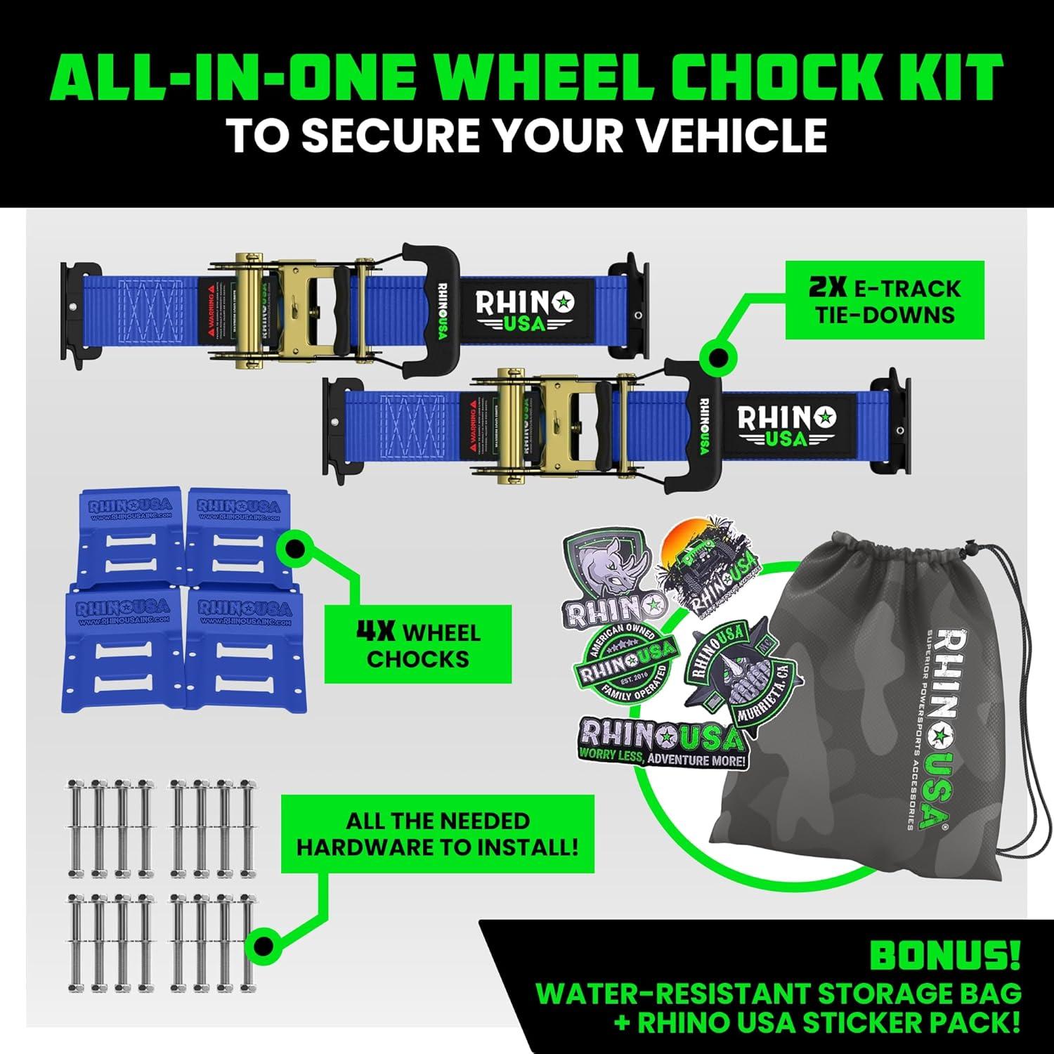 imageRhino USA Wheel Chock Tie Down Kit 4500lb Break Strength 2 Heavy Duty Trailer Tire Ratchet Straps 4 Wheel Chocks  E Track System for ATV UTV Lawn Mower Four Wheeler  GreenBlue