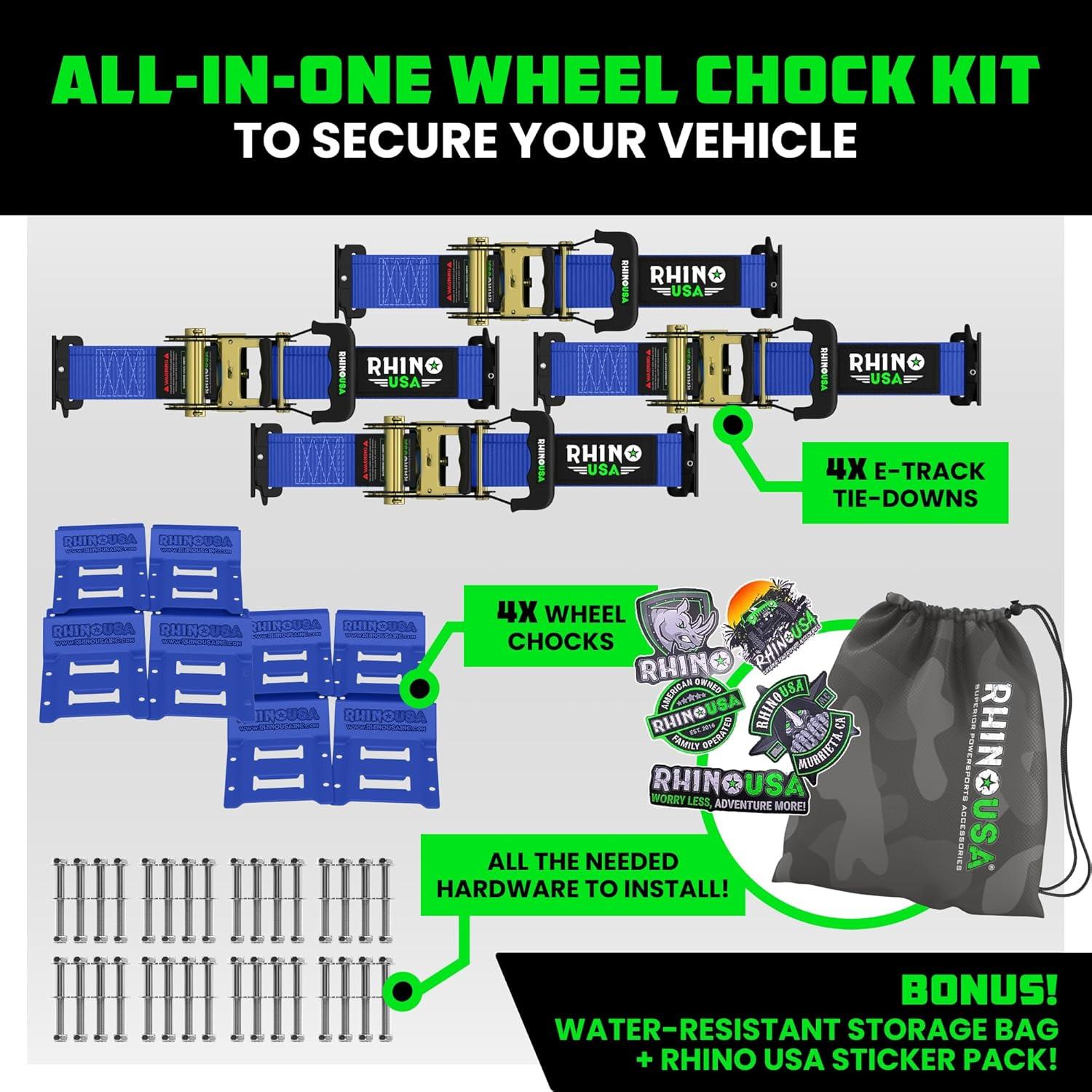 imageRhino USA Wheel Chock Tie Down Kit 4500lb Break Strength 2 Heavy Duty Trailer Tire Ratchet Straps 4 Wheel Chocks  E Track System for ATV UTV Lawn Mower Four Wheeler  GreenBlue