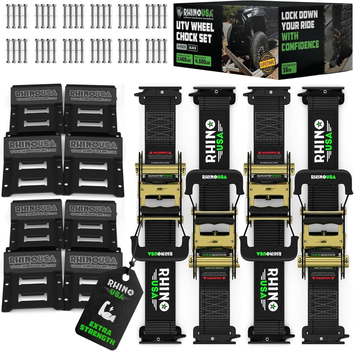 imageRhino USA Wheel Chock Tie Down Kit 4500lb Break Strength 2 Heavy Duty Trailer Tire Ratchet Straps 4 Wheel Chocks  E Track System for ATV UTV Lawn Mower Four Wheeler  GreenBlack