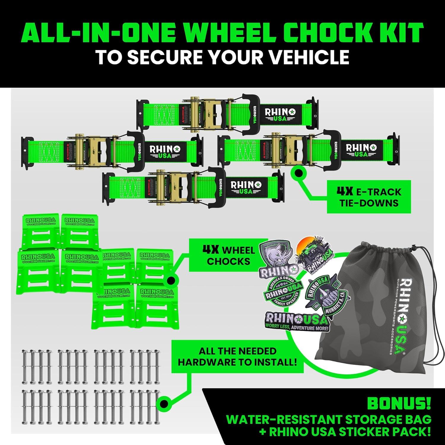 imageRhino USA Wheel Chock Tie Down Kit 4500lb Break Strength 2 Heavy Duty Trailer Tire Ratchet Straps 4 Wheel Chocks  E Track System for ATV UTV Lawn Mower Four Wheeler  GreenGreen
