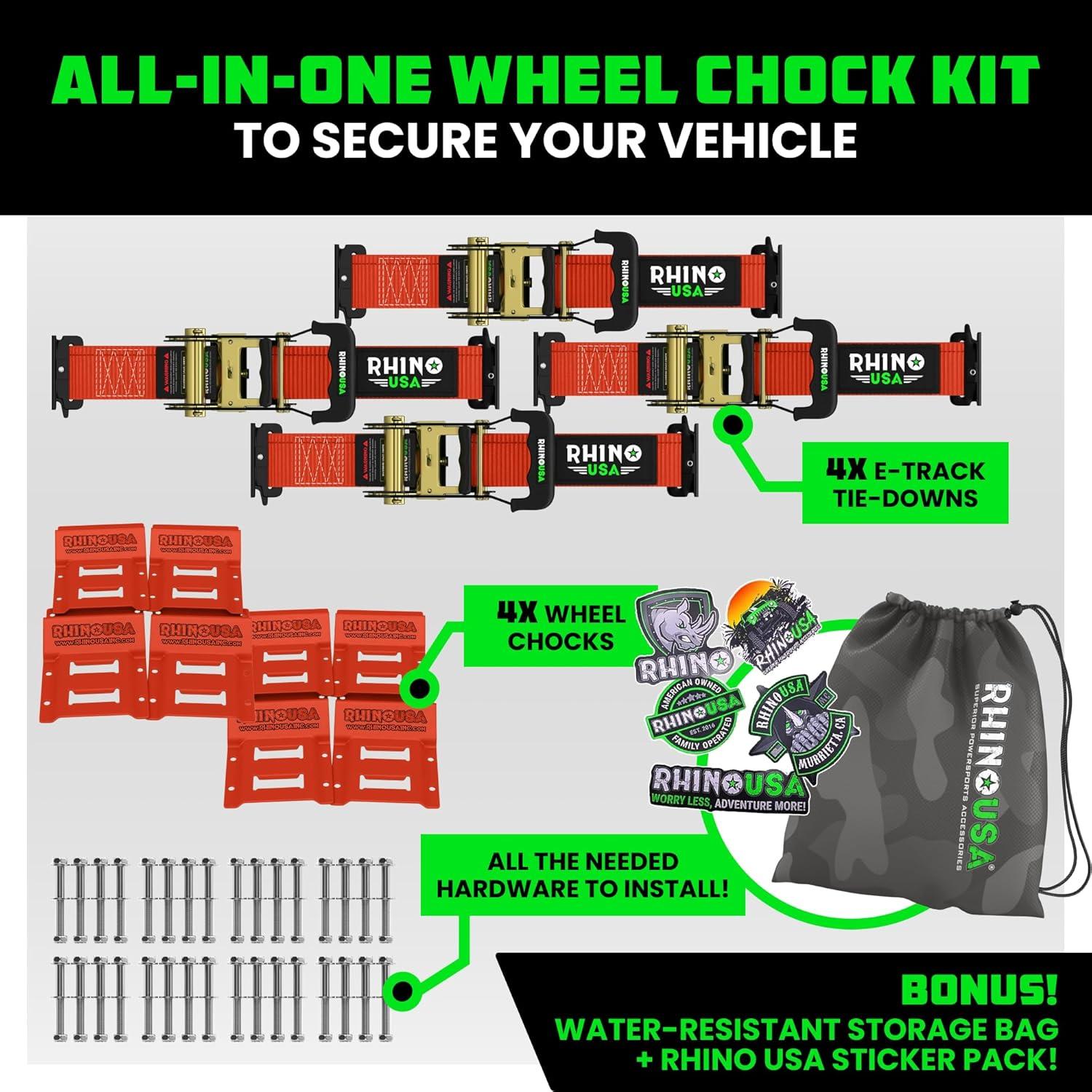 imageRhino USA Wheel Chock Tie Down Kit 4500lb Break Strength 2 Heavy Duty Trailer Tire Ratchet Straps 4 Wheel Chocks  E Track System for ATV UTV Lawn Mower Four Wheeler  GreenRed