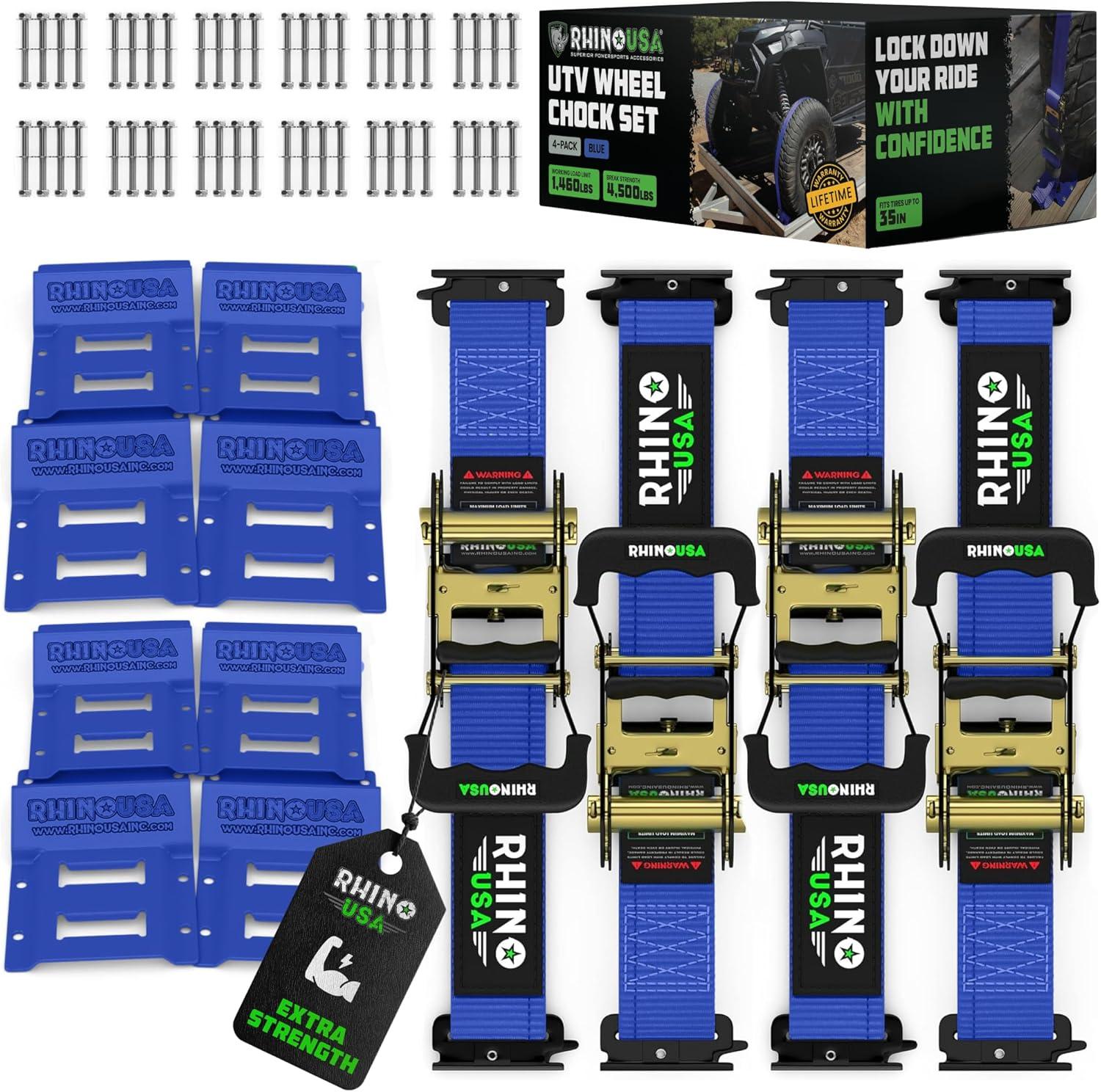 imageRhino USA Wheel Chock Tie Down Kit 4500lb Break Strength 2 Heavy Duty Trailer Tire Ratchet Straps 4 Wheel Chocks  E Track System for ATV UTV Lawn Mower Four Wheeler  GreenBlue