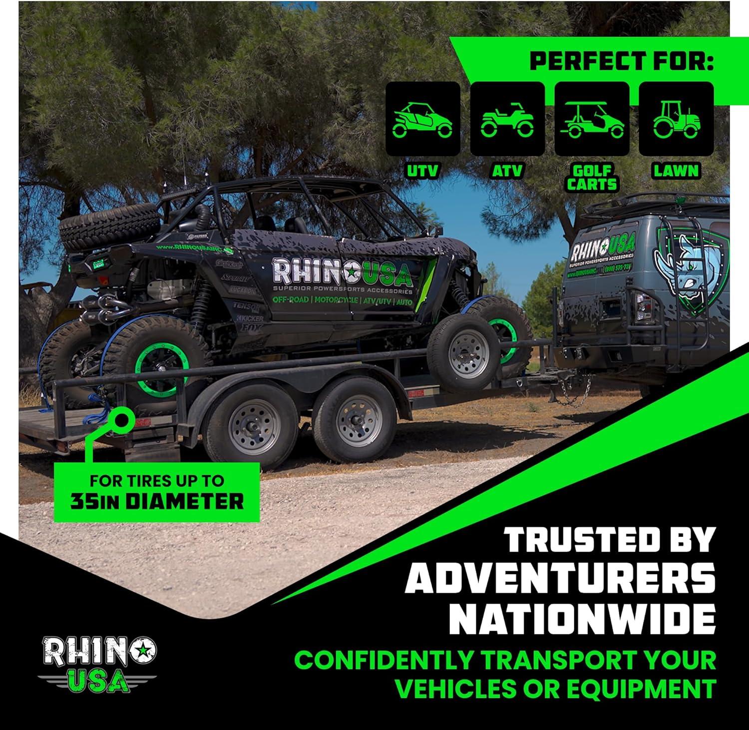 imageRhino USA Wheel Chock Tie Down Kit 4500lb Break Strength 2 Heavy Duty Trailer Tire Ratchet Straps 4 Wheel Chocks  E Track System for ATV UTV Lawn Mower Four Wheeler  GreenBlue