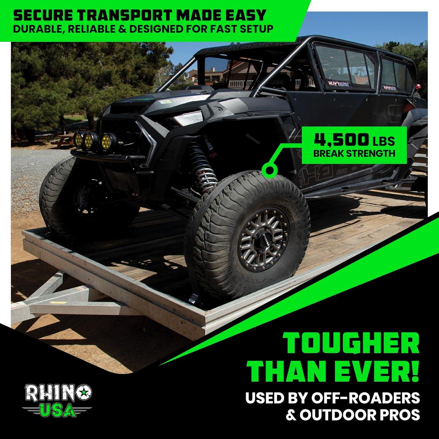 imageRhino USA Wheel Chock Tie Down Kit 4500lb Break Strength 2 Heavy Duty Trailer Tire Ratchet Straps 4 Wheel Chocks  E Track System for ATV UTV Lawn Mower Four Wheeler  GreenBlack