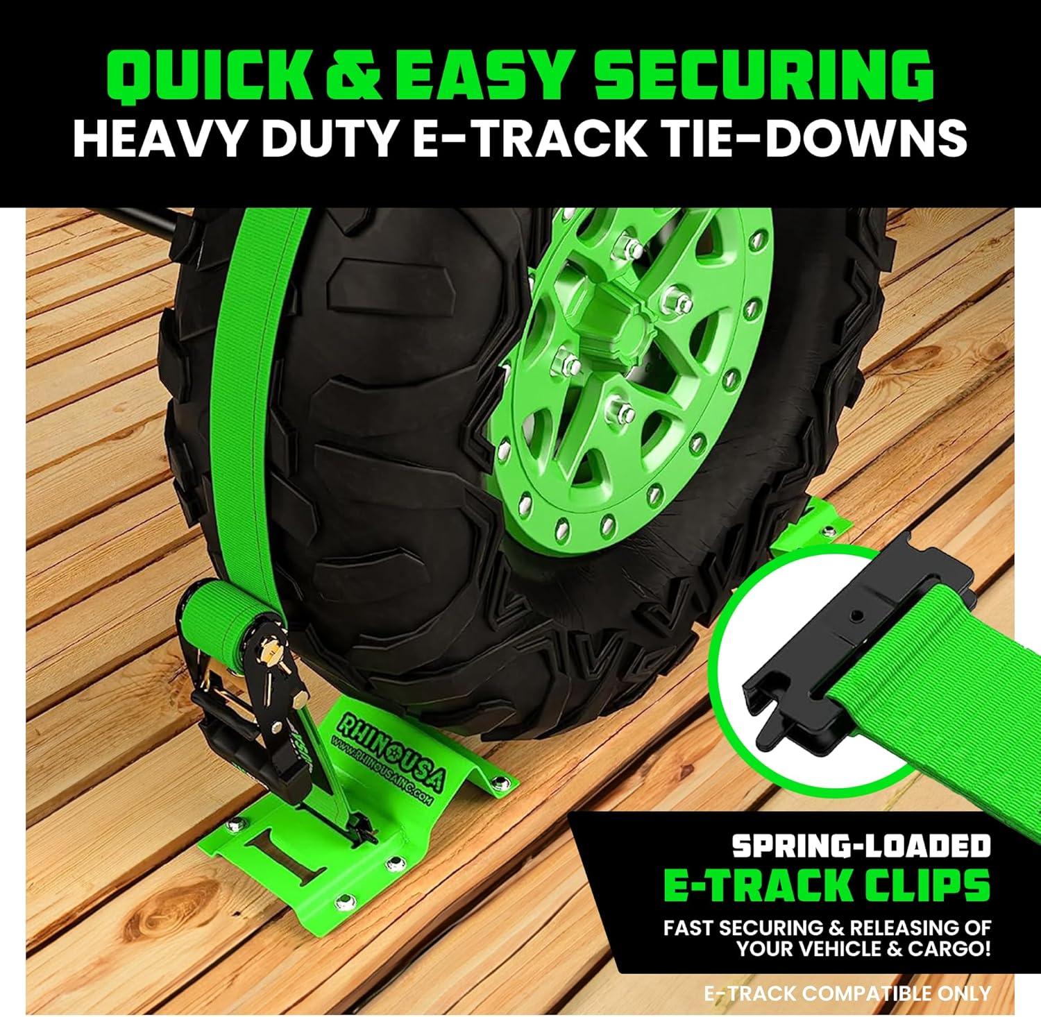 imageRhino USA Wheel Chock Tie Down Kit 4500lb Break Strength 2 Heavy Duty Trailer Tire Ratchet Straps 4 Wheel Chocks  E Track System for ATV UTV Lawn Mower Four Wheeler  GreenGreen