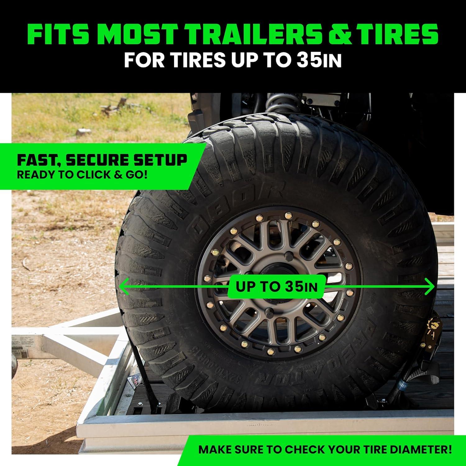 imageRhino USA Wheel Chock Tie Down Kit 4500lb Break Strength 2 Heavy Duty Trailer Tire Ratchet Straps 4 Wheel Chocks  E Track System for ATV UTV Lawn Mower Four Wheeler  GreenBlack