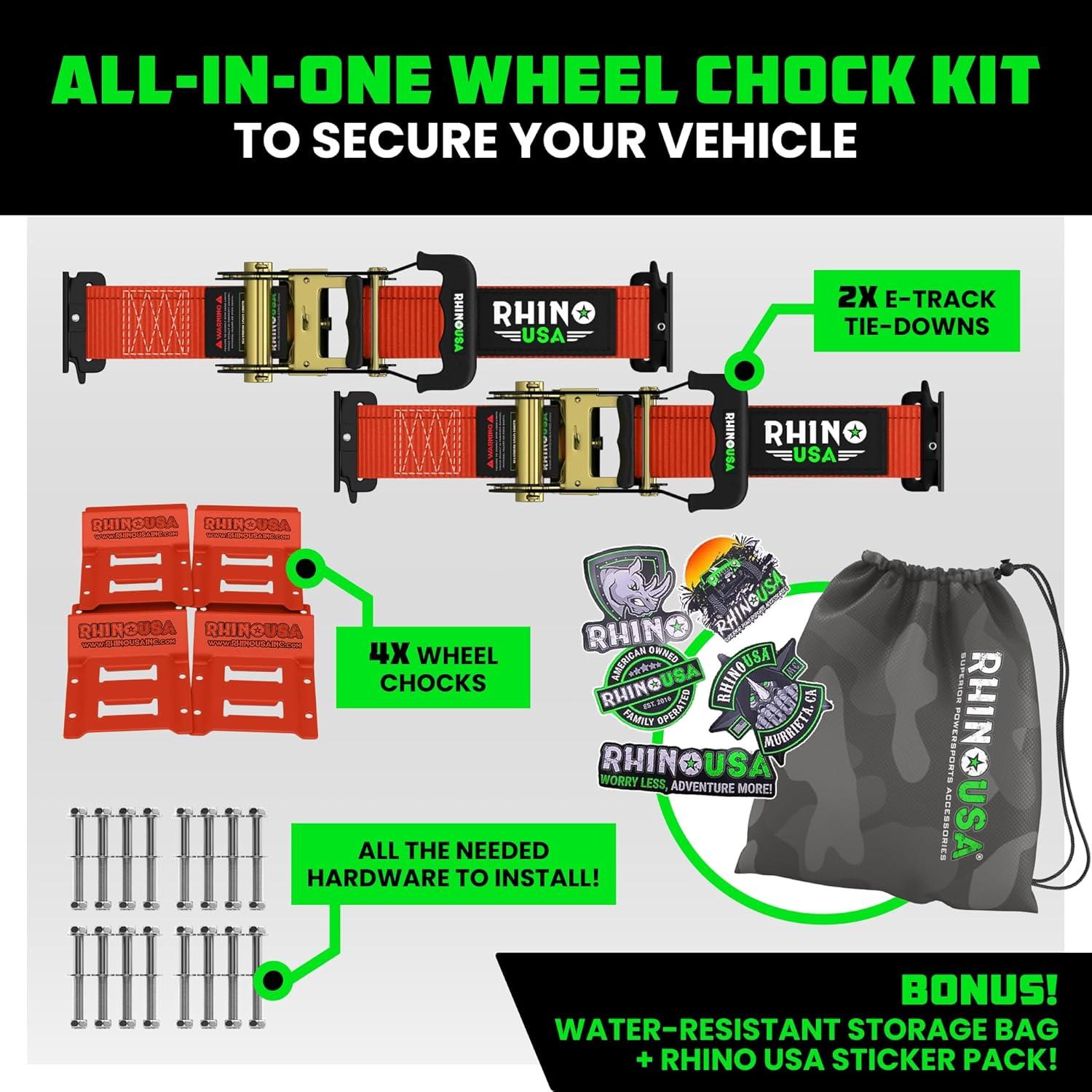 imageRhino USA Wheel Chock Tie Down Kit 4500lb Break Strength 2 Heavy Duty Trailer Tire Ratchet Straps 4 Wheel Chocks  E Track System for ATV UTV Lawn Mower Four Wheeler  GreenRed