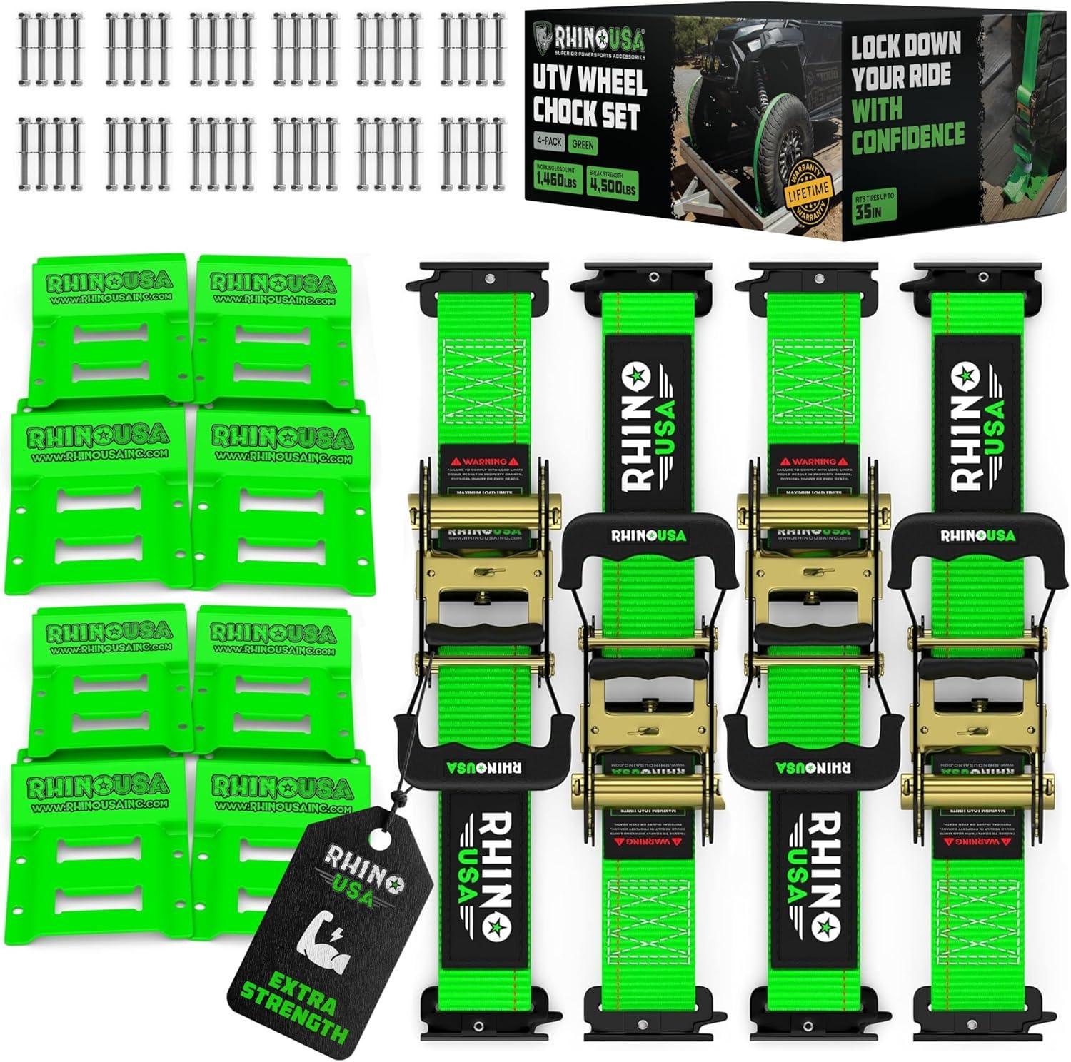 imageRhino USA Wheel Chock Tie Down Kit 4500lb Break Strength 2 Heavy Duty Trailer Tire Ratchet Straps 4 Wheel Chocks  E Track System for ATV UTV Lawn Mower Four Wheeler  GreenGreen