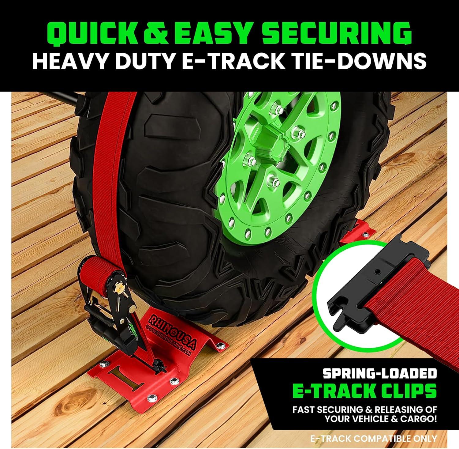 imageRhino USA Wheel Chock Tie Down Kit 4500lb Break Strength 2 Heavy Duty Trailer Tire Ratchet Straps 4 Wheel Chocks  E Track System for ATV UTV Lawn Mower Four Wheeler  GreenRed