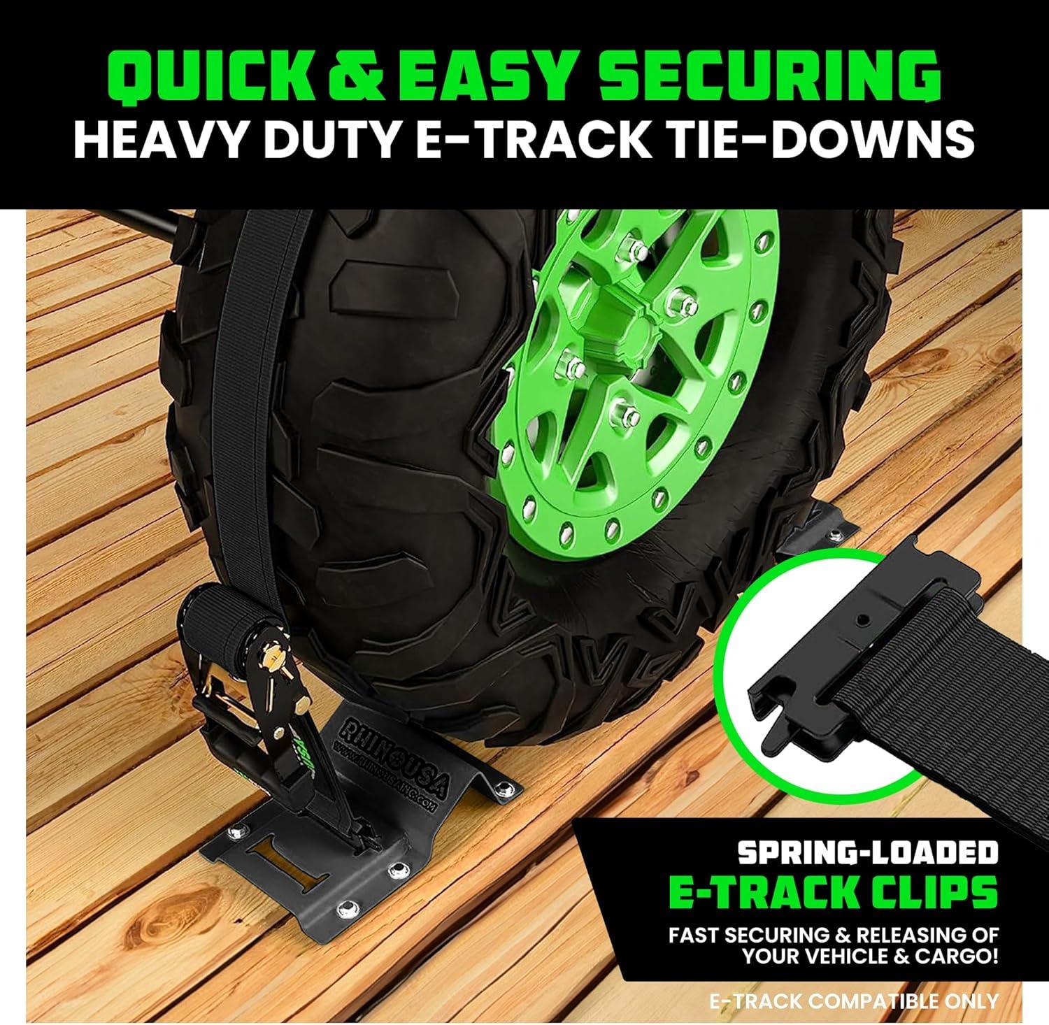 imageRhino USA Wheel Chock Tie Down Kit 4500lb Break Strength 2 Heavy Duty Trailer Tire Ratchet Straps 4 Wheel Chocks  E Track System for ATV UTV Lawn Mower Four Wheeler  GreenBlack