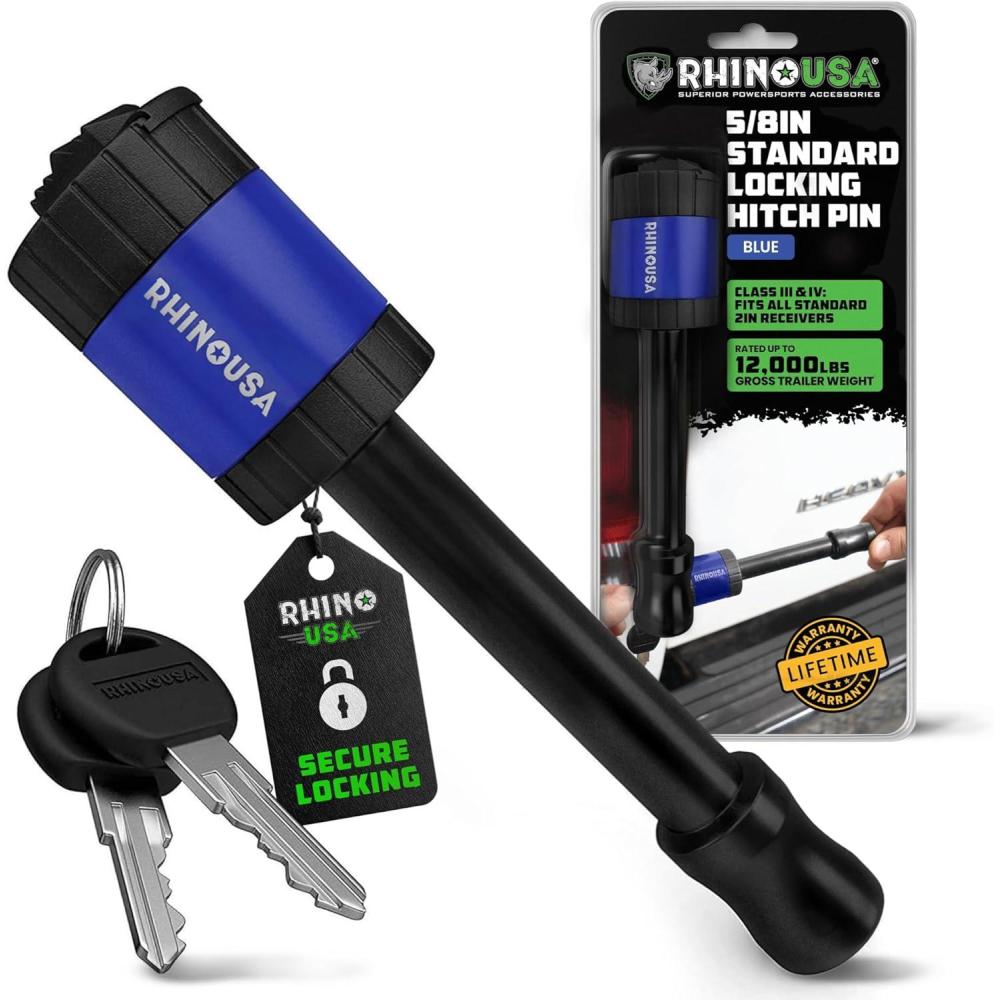 imageRhino USA 2 Trailer Hitch Pin  Patented Locking Receiver Pin for Class IIIIV Hitches  Weatherproof AntiTheft DebrisProtected  Tow Truck Ready  Blue 1PKBlue