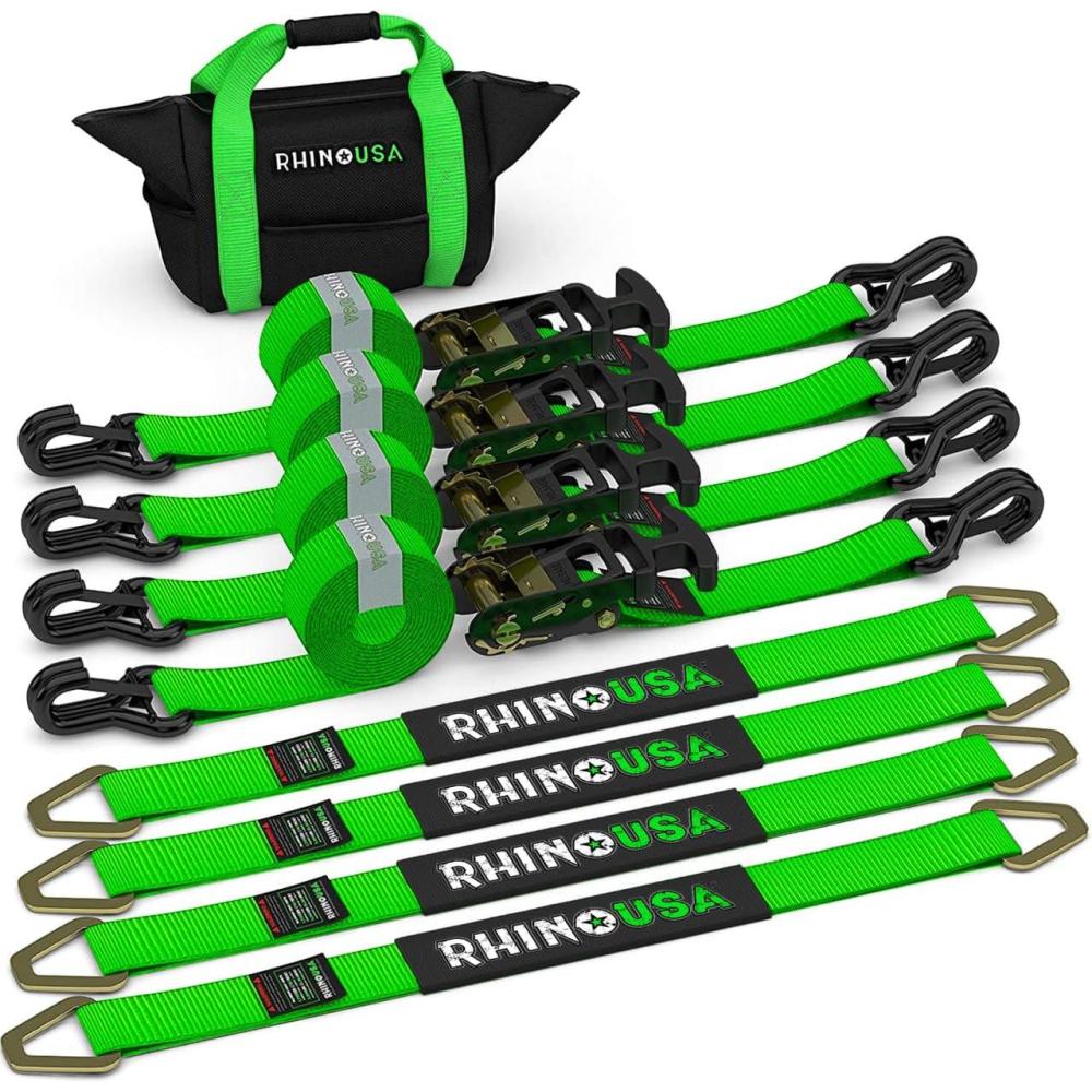 imageRhino USA Car Tie Down Straps for Trailers with J Hooks 4Pack  2quot x8 10000lb Break Strength  Heavy Duty Car Hauler Tire Straps with Axle Straps for UTV Powersports ampamp More  GreenGreen