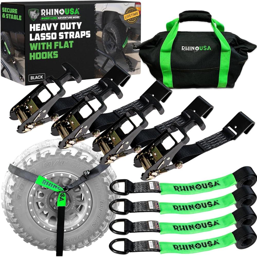 imageRhino USA Car Tie Down Straps with Flat Hooks  4 Pack 2quot x8  10000lbs Break Strength  Heavy Duty THandle Car Hauler Tire Lasso Wheel Straps for Trailers UTV ampamp Powersports  BlackBlack