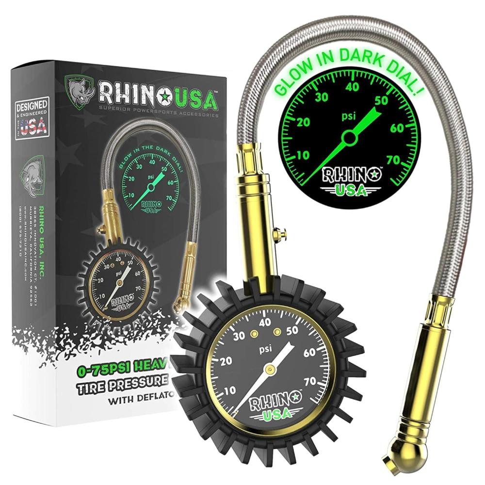 imageRhino USA Heavy Duty Tire Pressure Gauge 075 PSI  Certified ANSI B401 Accurate Large 2quot Easy Read Glow Dial Premium Braided Hose Solid Brass Hardware Best for Any Car Truck Motorcycle RV75 PSI Compact