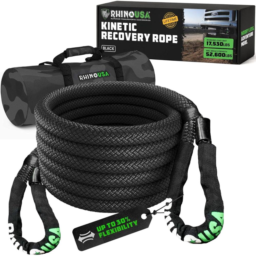 imageRhino USA Kinetic Recovery Tow Rope Heavy Duty Offroad Snatch Strap for UTV ATV Truck Car Tractor  Ultimate Elastic Straps Towing Gear  Backed for Life 1quot x 30 GreenBlack