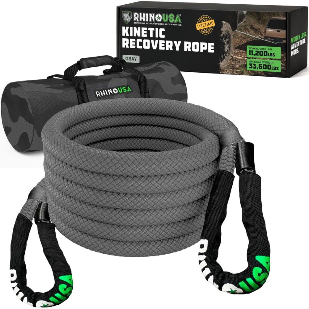 imageRhino USA Kinetic Recovery Tow Rope Heavy Duty Offroad Snatch Strap for UTV ATV Truck Car Tractor  Ultimate Elastic Straps Towing Gear  Backed for Life 1quot x 30 GreenGray