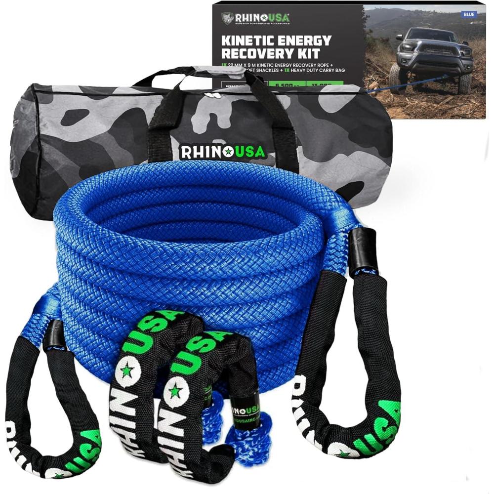imageRhino USA Kinetic Rope Recovery Kit 78in x 30ft  Heavy Duty Offroad Snatch Strap  Includes 2 Soft Shackle for UTV ATV Truck Car Jeep TractorBlue  Kit