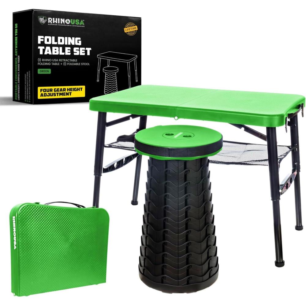 imageRhino USA Portable Camping Table and Stool Set  Lightweight Foldable Camp Tables with Net for Beach Trips Fishing Picnic Cooking ampamp Much More Green