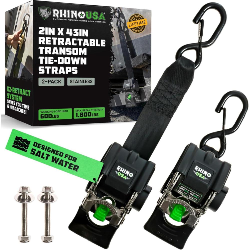 imageRhino USA Retractable Boat Trailer Tie Down Straps 2PK  Durable 2in x 43in Trailer Mount Transom Straps for Boat Jet Ski  Powder Coated Black Steel  Fresh Water CompatibleStainless Steel