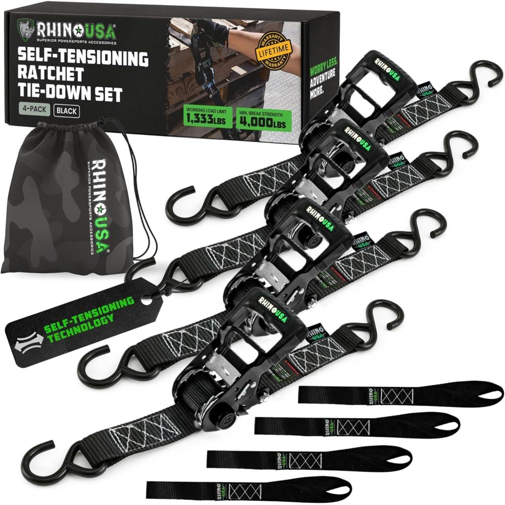 imageRhino USA Self Tensioning Ratchet Tie Down Straps 2PK 16INX15FT  Heavy Duty Patented Cargo Strap Keeps Tension When Your Load Shifts  Used for Motorcycle ATV UTV Truck General Cargo ampamp More4Pack