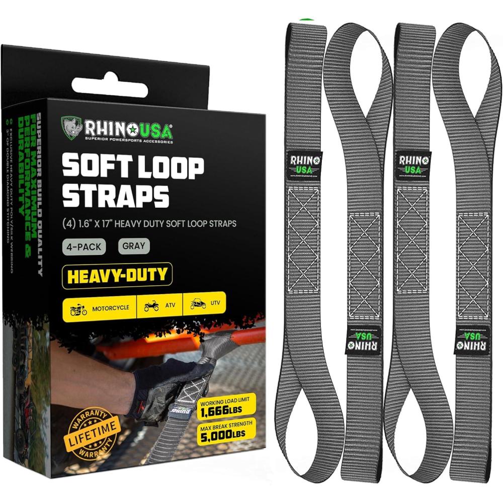 imageRhino USA Soft Loop Tie Down Straps 4Pack  16 Inch x 17 Inch 5000 lbs Break Strength Heavy Duty Motorcycle Handlebar Straps for use with Ratchets for ATV UTV Dirt Bike RedGray 4Pack