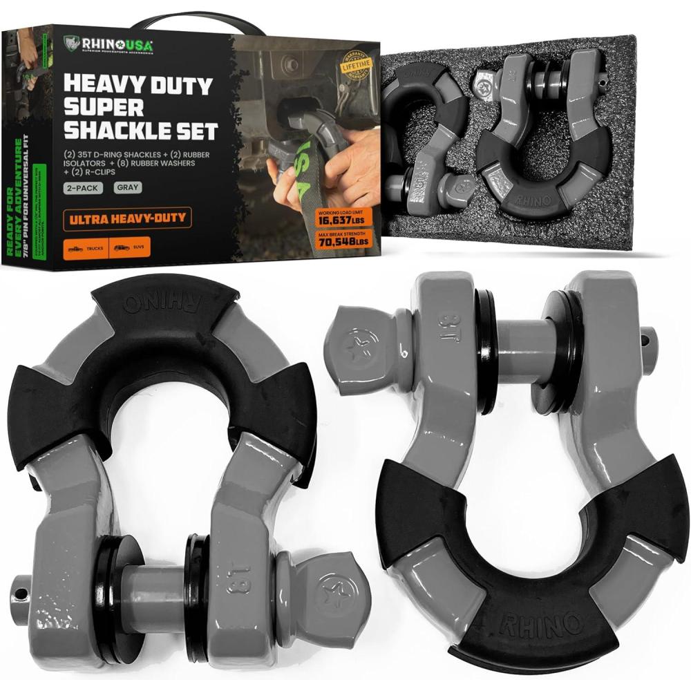 imageRhino USA Super D Ring Shackles 2Pack  70548lb Break Strength  Heavy Duty 34quot Clevis Shackle with 78 Pin for Towing ampamp OffRoad Use  Pairs with Tow Strap for Vehicle Recovery OrangeGray