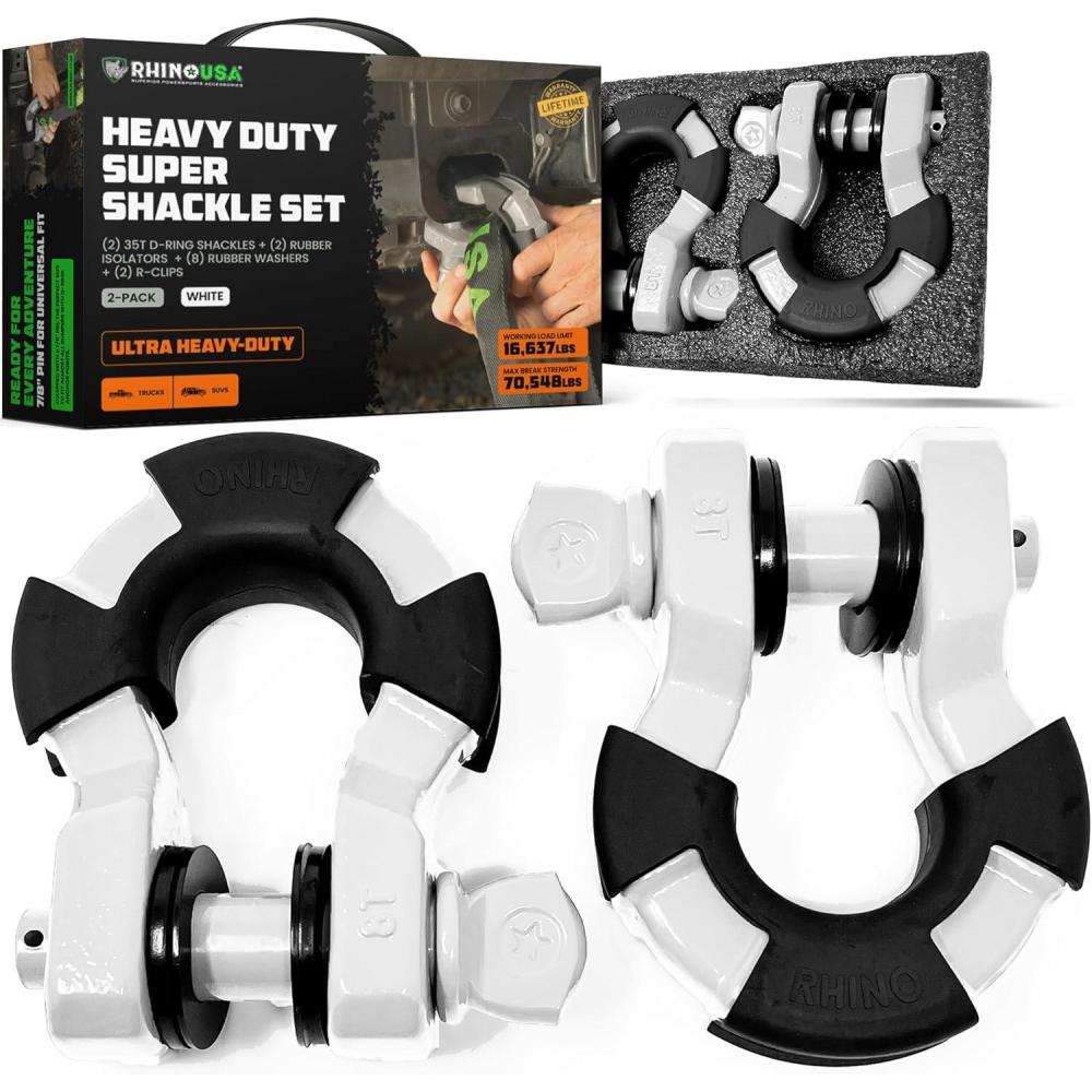 imageRhino USA Super D Ring Shackles 2Pack  70548lb Break Strength  Heavy Duty 34quot Clevis Shackle with 78 Pin for Towing ampamp OffRoad Use  Pairs with Tow Strap for Vehicle Recovery OrangeWhite