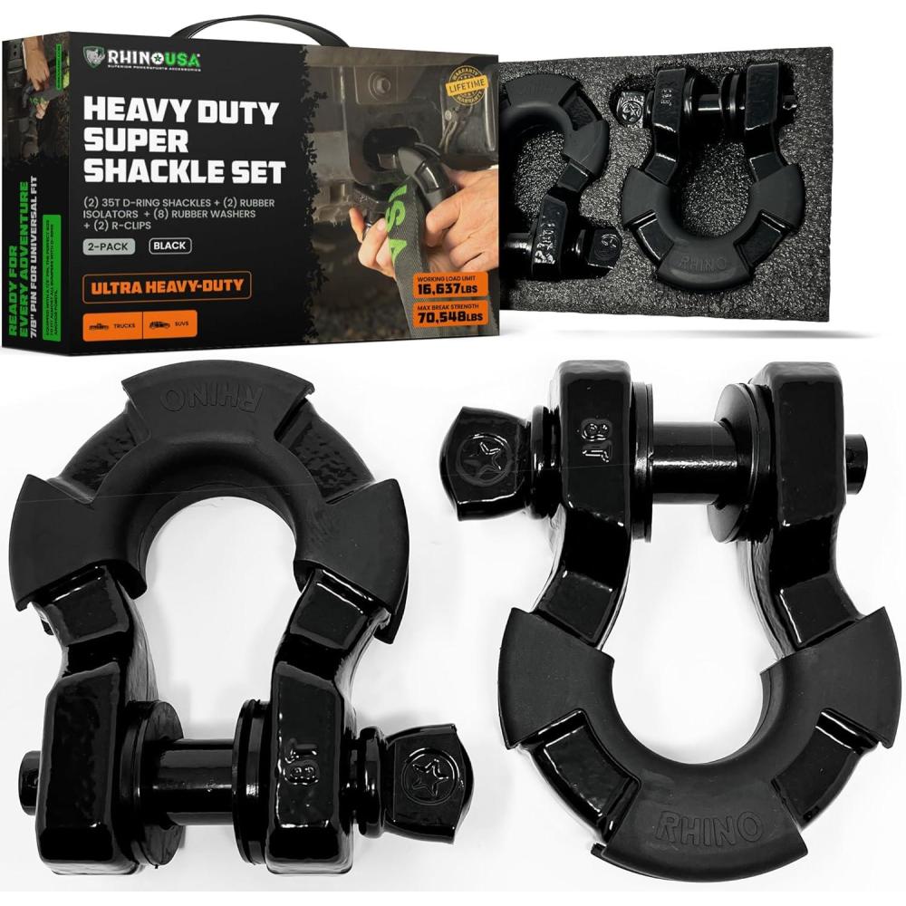 imageRhino USA Super D Ring Shackles 2Pack  70548lb Break Strength  Heavy Duty 34quot Clevis Shackle with 78 Pin for Towing ampamp OffRoad Use  Pairs with Tow Strap for Vehicle Recovery OrangeBlack