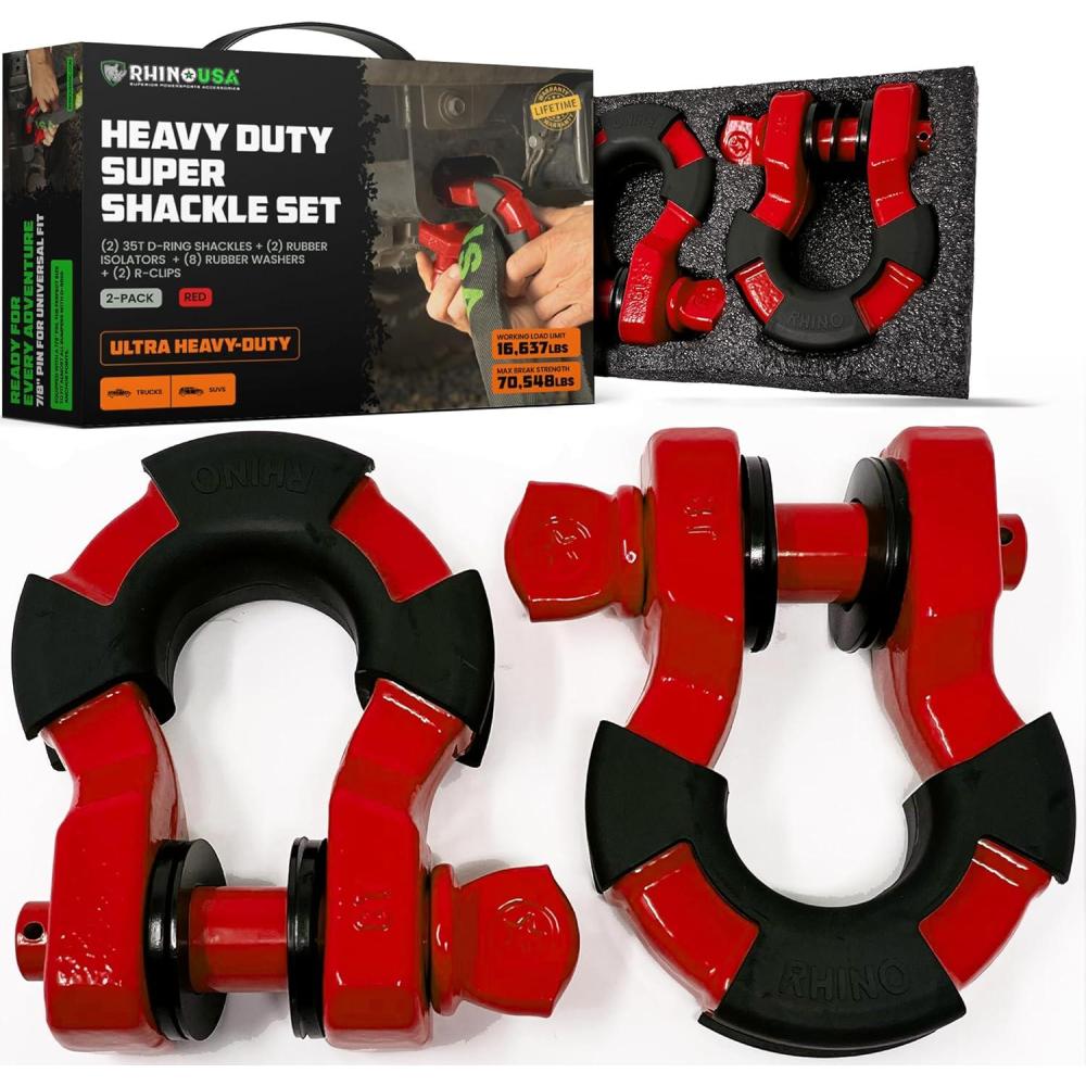 imageRhino USA Super D Ring Shackles 2Pack  70548lb Break Strength  Heavy Duty 34quot Clevis Shackle with 78 Pin for Towing ampamp OffRoad Use  Pairs with Tow Strap for Vehicle Recovery OrangeRed