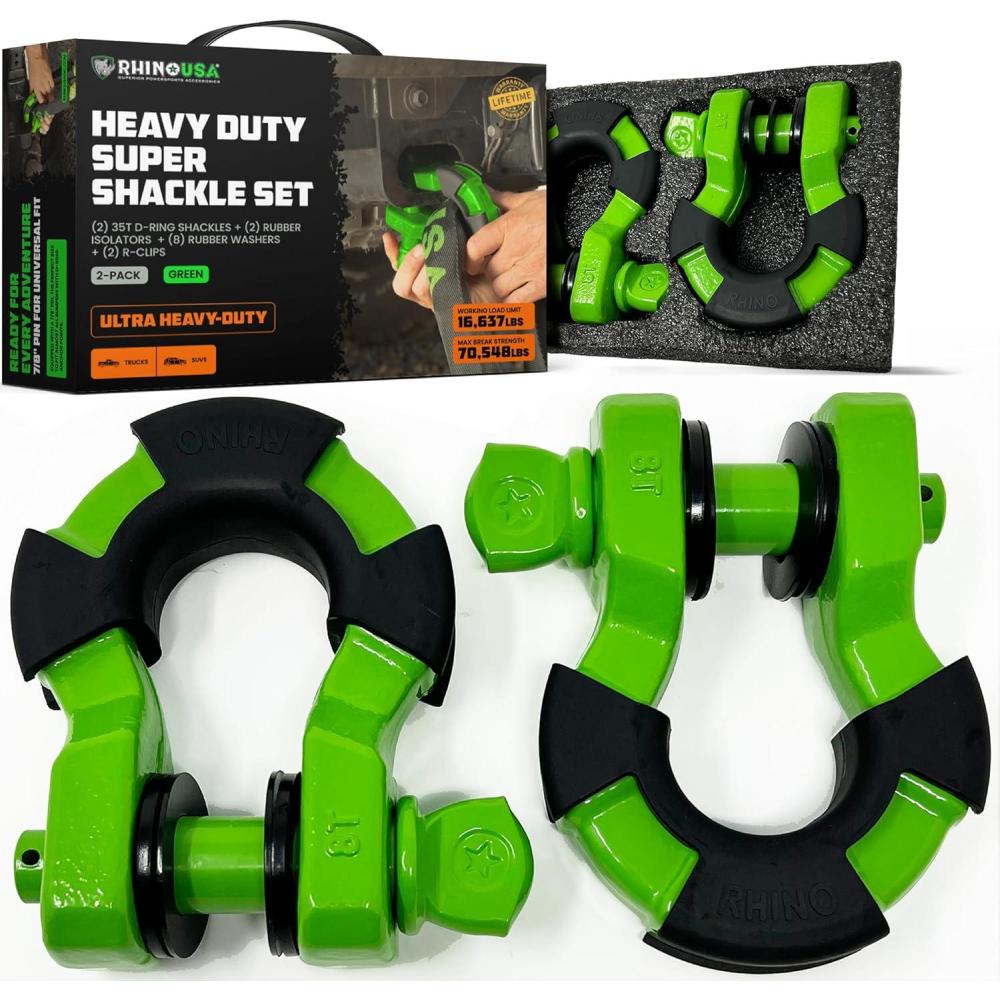 imageRhino USA Super D Ring Shackles 2Pack  70548lb Break Strength  Heavy Duty 34quot Clevis Shackle with 78 Pin for Towing ampamp OffRoad Use  Pairs with Tow Strap for Vehicle Recovery OrangeGreen