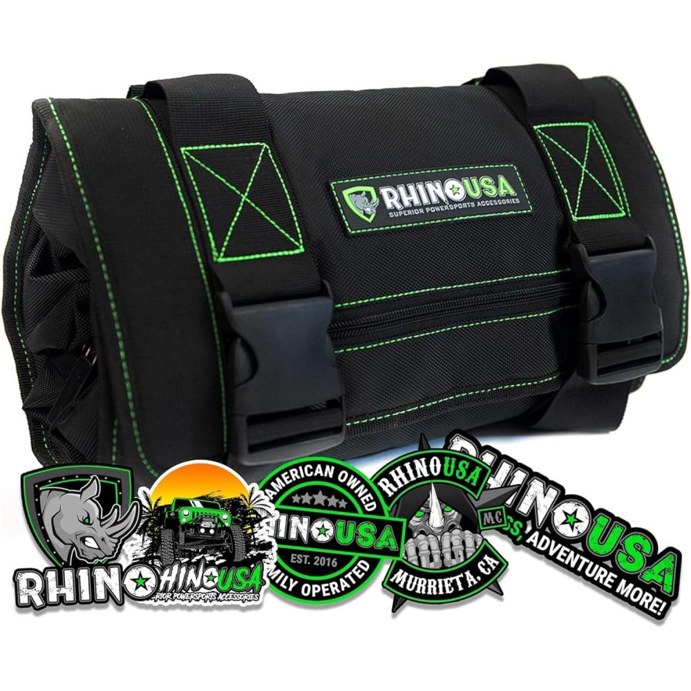 imageRhino USA Tool Bag Roll  Heavy Duty Canvas Organizer Pouch for Tools  Ultimate Travel Tool Storage Kit for UTV Car Truck 4x4 Offroad  Upgraded with Labeled ampamp Removable Pouches  Secured for LifeGreen Black