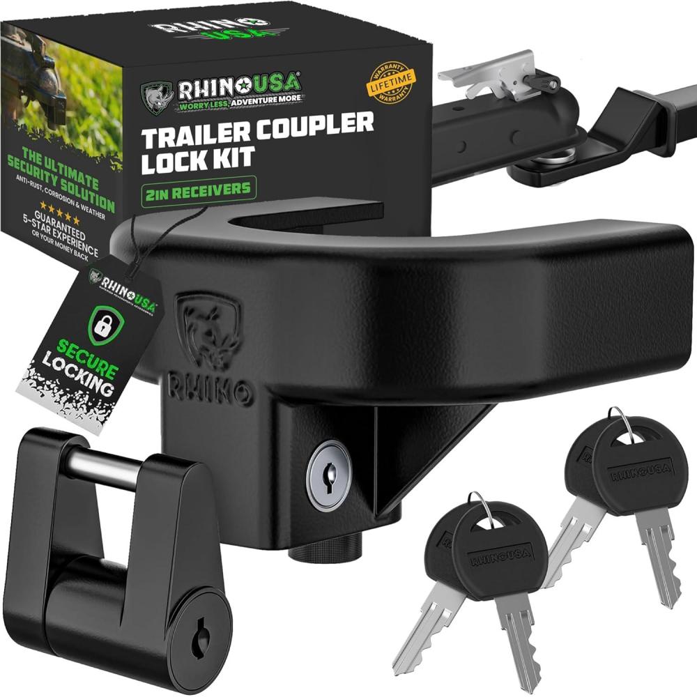 imageRhino USA Trailer Hitch Lock Kit for 2quot Trailers Heavy Duty Anti Theft Trailer Coupler Locks for RV Camper Trailer Boat Caravan  Reinforced Solid Steel Tow Lock for Trailer Tongue