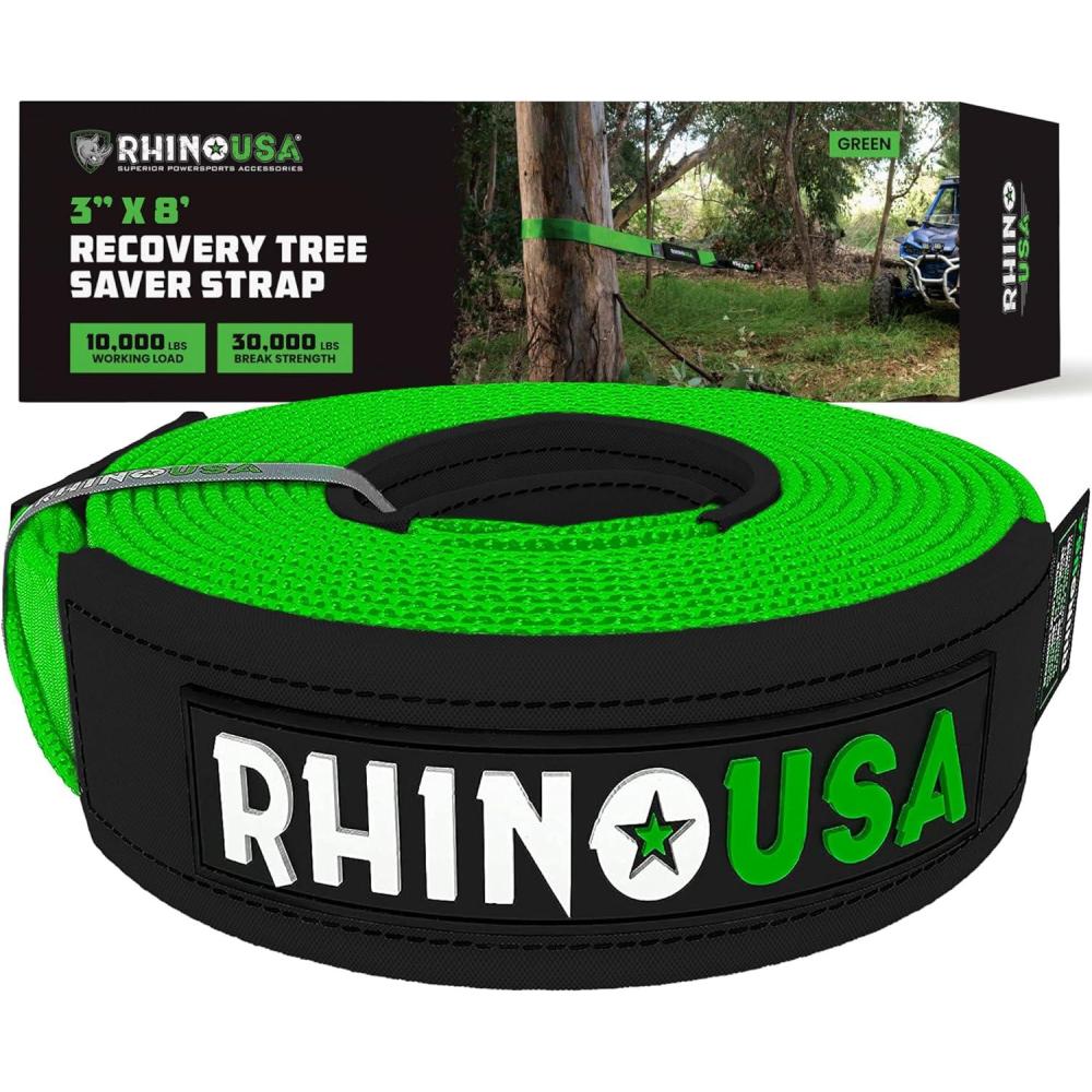 imageRhino USA Tree Saver Tow Strap 3quot x 8  31518lb Break Strength  Emergency Recovery Strap Winch Extension for Truck UTV ATV ampamp More  Heavy Duty Straps Compatible with Jeep Ford Toyota BlackGreen