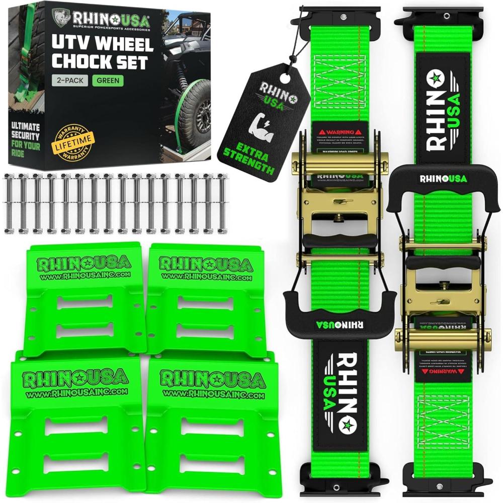 imageRhino USA Wheel Chock Tie Down Kit 4500lb Break Strength 2 Heavy Duty Trailer Tire Ratchet Straps 4 Wheel Chocks  E Track System for ATV UTV Lawn Mower Four Wheeler  GreenGreen