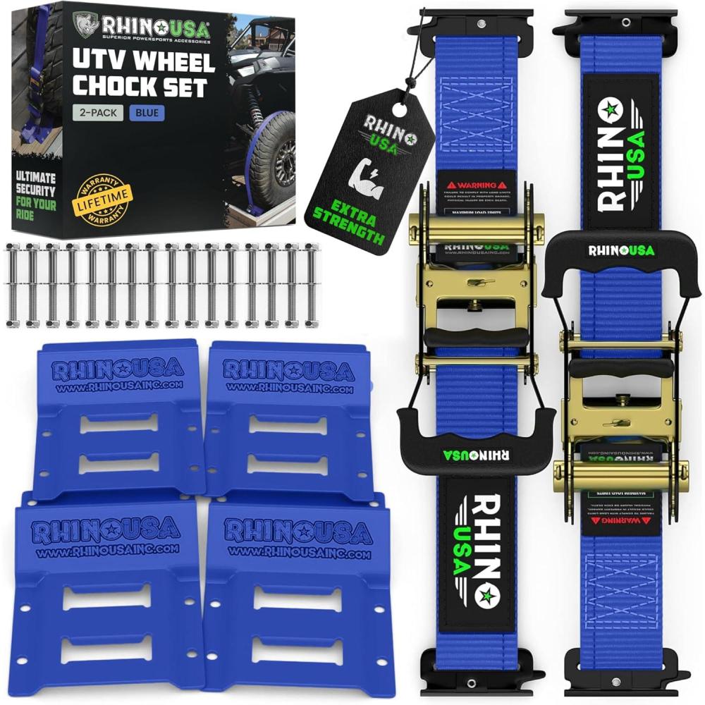 imageRhino USA Wheel Chock Tie Down Kit 4500lb Break Strength 2 Heavy Duty Trailer Tire Ratchet Straps 4 Wheel Chocks  E Track System for ATV UTV Lawn Mower Four Wheeler  GreenBlue
