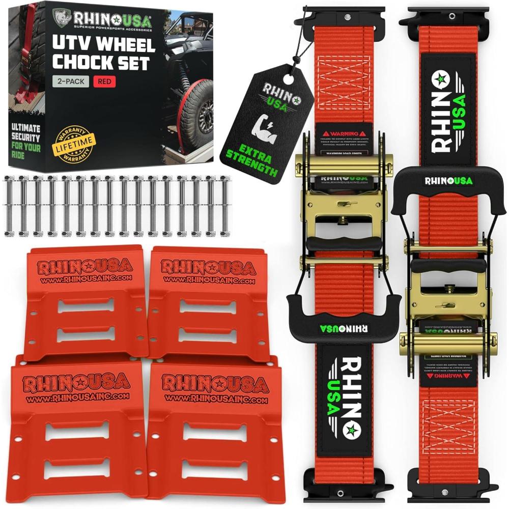 imageRhino USA Wheel Chock Tie Down Kit 4500lb Break Strength 2 Heavy Duty Trailer Tire Ratchet Straps 4 Wheel Chocks  E Track System for ATV UTV Lawn Mower Four Wheeler  GreenRed