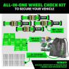 imageRhino USA Wheel Chock Tie Down Kit 4500lb Break Strength 2 Heavy Duty Trailer Tire Ratchet Straps 4 Wheel Chocks  E Track System for ATV UTV Lawn Mower Four Wheeler  GreenGreen