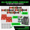 imageRhino USA Wheel Chock Tie Down Kit 4500lb Break Strength 2 Heavy Duty Trailer Tire Ratchet Straps 4 Wheel Chocks  E Track System for ATV UTV Lawn Mower Four Wheeler  GreenRed