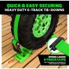 imageRhino USA Wheel Chock Tie Down Kit 4500lb Break Strength 2 Heavy Duty Trailer Tire Ratchet Straps 4 Wheel Chocks  E Track System for ATV UTV Lawn Mower Four Wheeler  GreenGreen