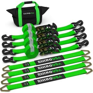 imageRhino USA Car Tie Down Straps for Trailers with J Hooks 4Pack  2quot x8 10000lb Break Strength  Heavy Duty Car Hauler Tire Straps with Axle Straps for UTV Powersports ampamp More  GreenGreen