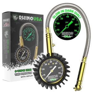 imageRhino USA Heavy Duty Tire Pressure Gauge 075 PSI  Certified ANSI B401 Accurate Large 2quot Easy Read Glow Dial Premium Braided Hose Solid Brass Hardware Best for Any Car Truck Motorcycle RV75 PSI Compact